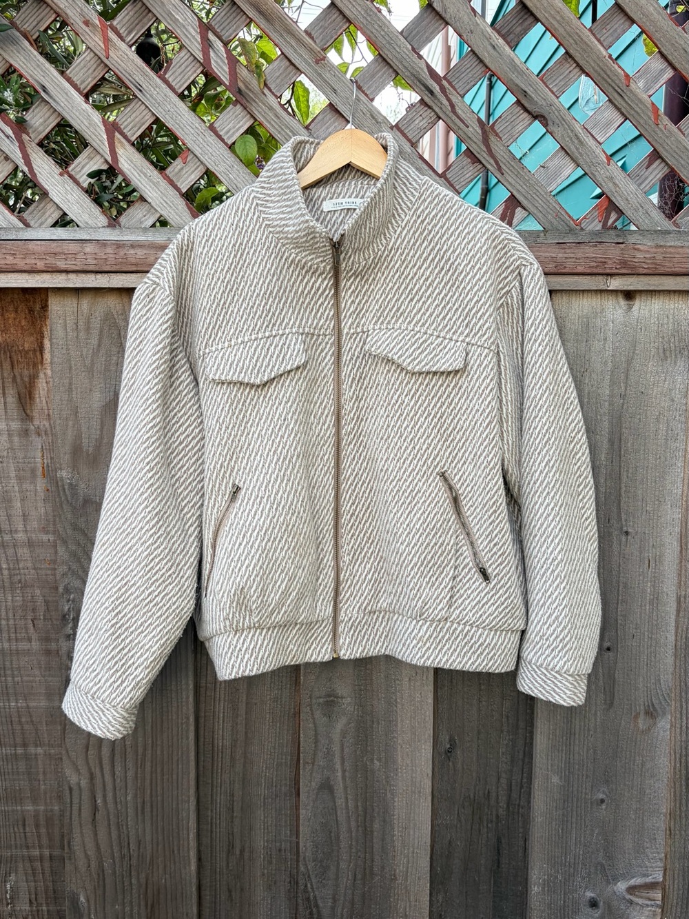 12th Tribe Cream Textured Bomber Jacket